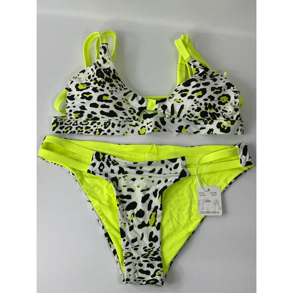TiniBikini Swimwear Neon Yellow Green Animal Print 2 Piece Bikini NEW Large - Picture 10 of 10